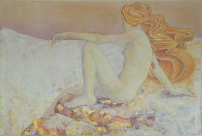 Acrylbild einer weiblichen Figur mit langen goldenen Haaren vor einer weissen Landschaft und dem aufgehenden Mond
